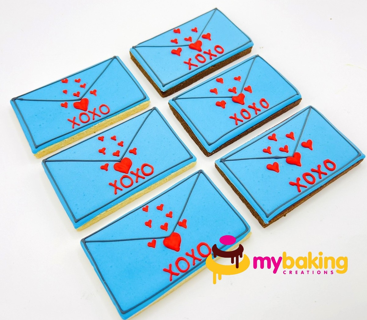 Custom hand-piped XOXO Valentine envelope cookies Bay Area